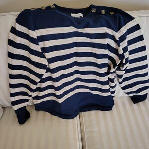Liz Claiborne Navy and White Striped Button-Shoulder Sweater